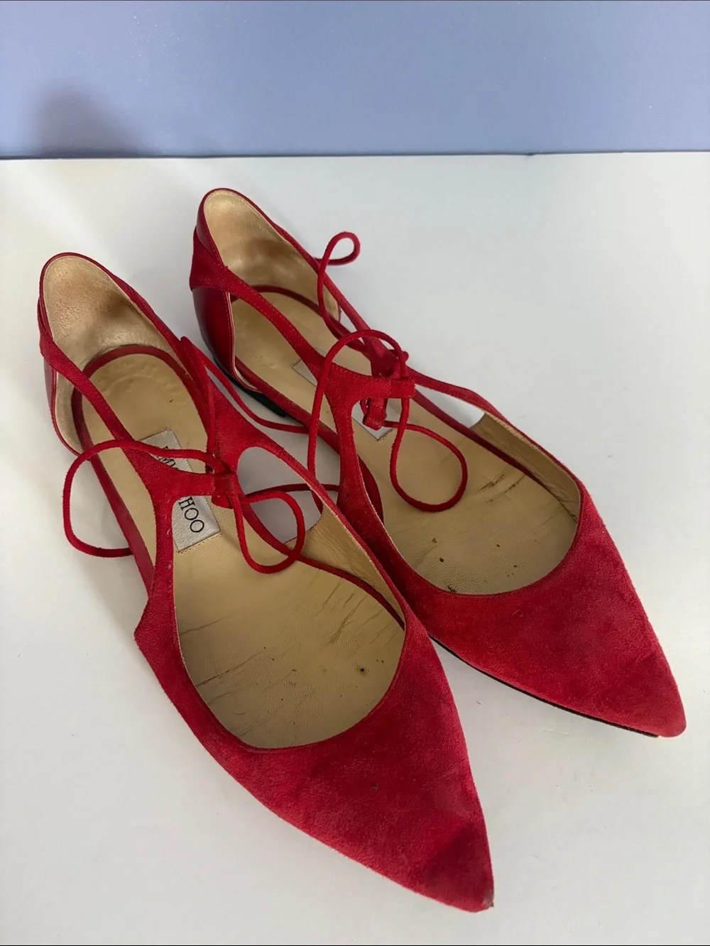 Jimmy Choo Red Suede Vanessa Pointed Lace-Up Flats
